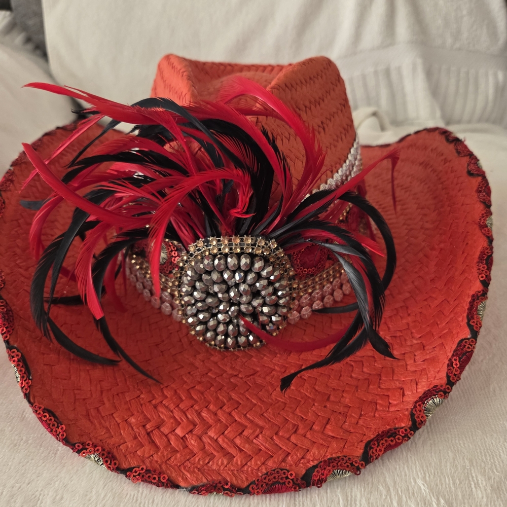 Elegant Red and Black Feathered Women's Hat